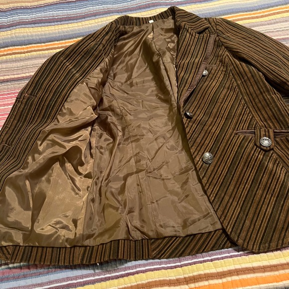 Vintage Korean Striped Blazer Brown Black Green Button Up‎ Lapel Collar Jacket - Picture 4 of 11